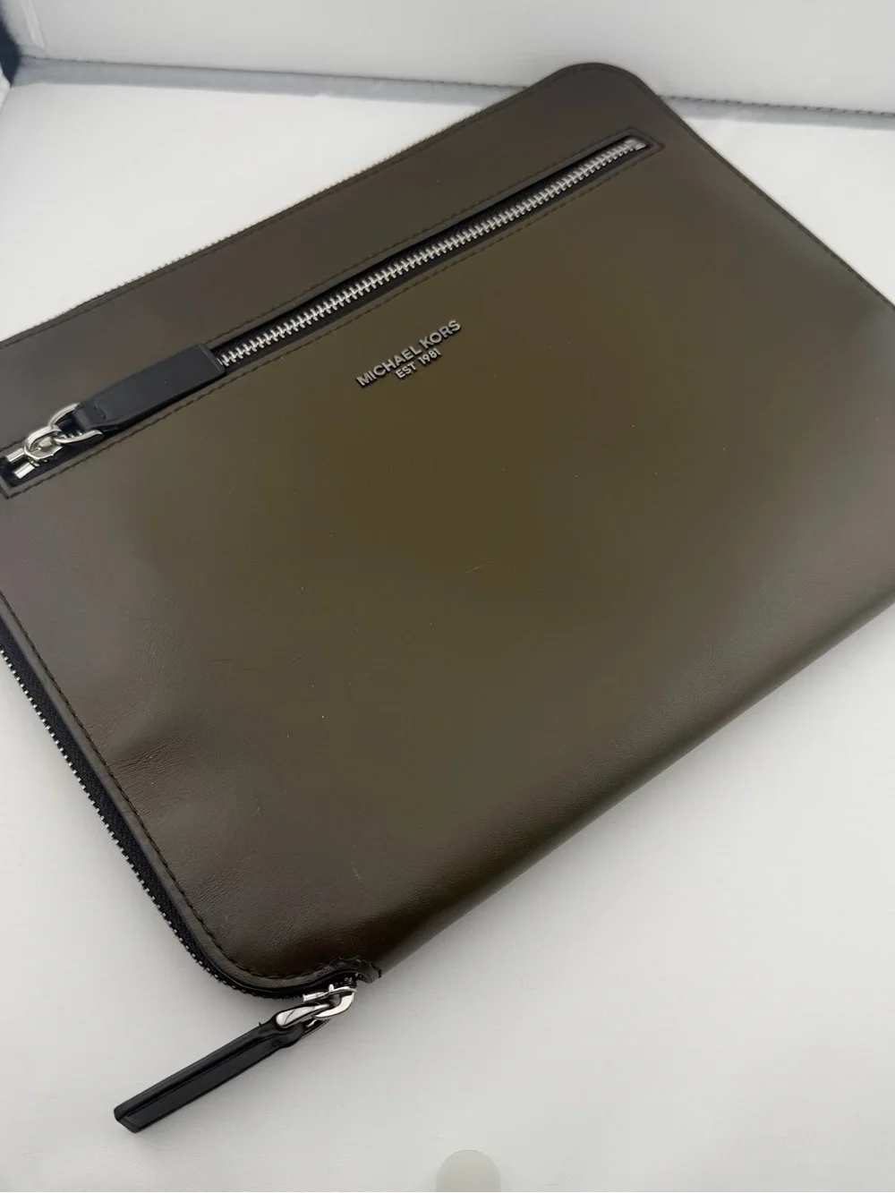 MICHAEL KORS Olive Green Leather 13” Laptop Sleeve with Front Zip